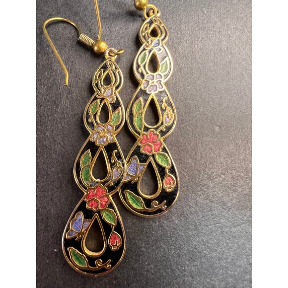 Vintage cloisonné butterfly garden dangling earrings - Picture 1 of 9